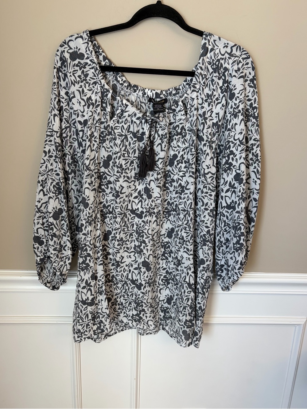 Robert Louis Blue and White Floral Boho Peasant Blouse, XL, Flowy Cottagecore